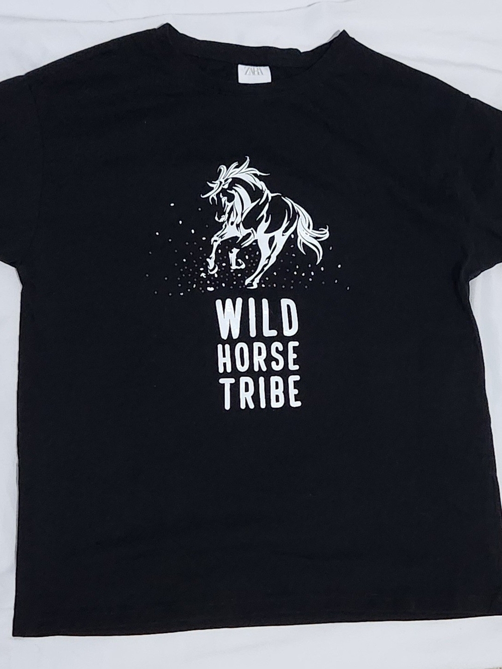 Zara Kids Black Tee with White 'Wild Horse Tribe' Graphic